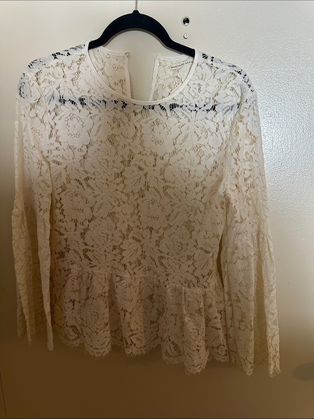 Mustard Seed Ivory Floral Lace Peplum Blouse Ruffle Sheer Round Neck Long Slv